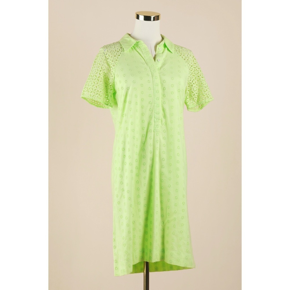 Sz 0 J. Crew 100% Cotton Lime Green Short Sleeve Eyelet Midi Dress EUC